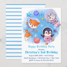 Astronautas Animais segundos aniversários Convites