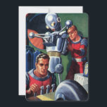 Astronautas Vintage Science Fiction consertando um<br><div class="desc">Ilustração vintage: aliens futuristas de ficção científica e imagem de robôs apresentando um homem trabalhando em seu robô metálico. Um astronauta é um piloto que controla os controles do seu foguete. Retro clássico com estilo cômico de 50 s design de ficção científica.</div>