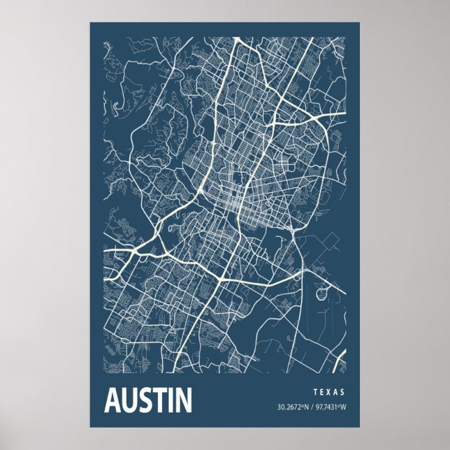 Austin Texas City Map Line Art Blue Impressão (Frente)