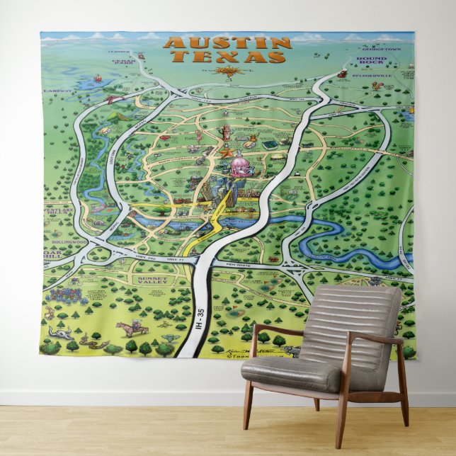 Austin Texas Fun Map Tapeçaria (In Situ (Horizontal))