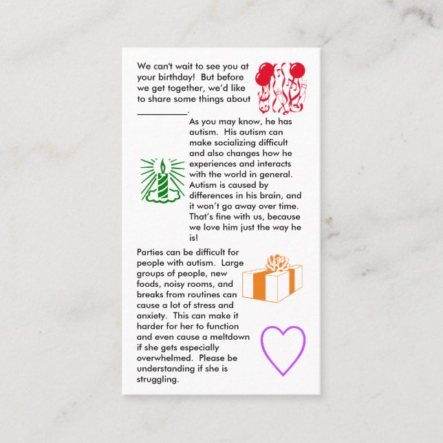 Autism Birthday Girl Cartão de visita (Frente)