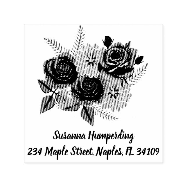 Auto Entintado Carimbo de autotinta Rosa e Dahlias com endereço (Design)