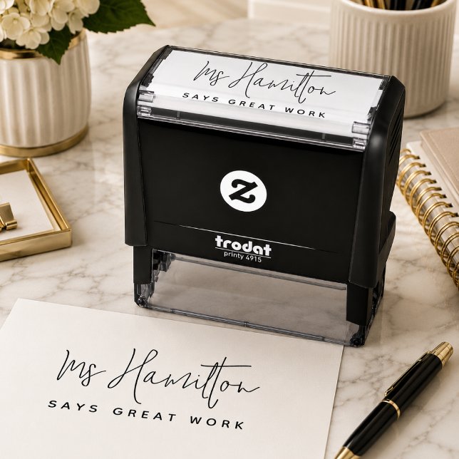 Auto Entintado Carimbo de Professor | Grandes Trabalhos de Classi (Personalized teacher stamp for marking homework, worksheets, and student papers with praise.)