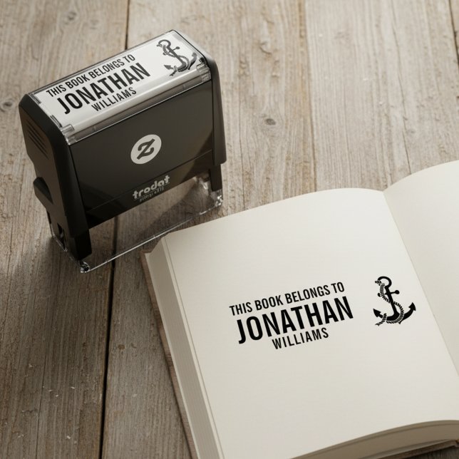Auto Entintado Este Livro Pertence Carimbo com Âncora (This book belongs to custom name pre inked stamp with nautical anchor.)