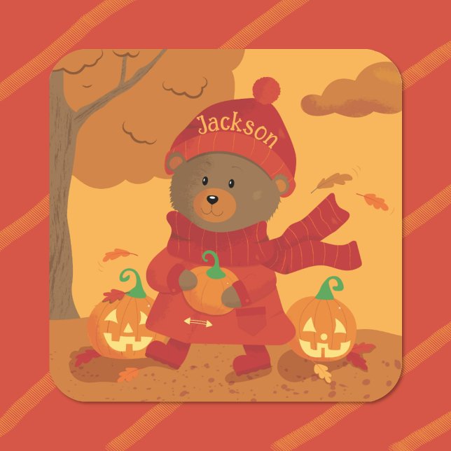 Autocolante de criança Urso Marrom de Outono (Cute brown bear with pumpkin kid autumn sticker .)