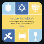 Autocolante de ícones de Hanukkah<br><div class="desc">Este adesivo usa os ícones de Chanucá para transmitir desejos calorosos. As cores azul brilhante e dourada rodeiam ícones de um sonho, menorah e xícara de rins, entre outros, para enquadrar sua mensagem. Excelente como selos de envelopes ou para colar em embalagens ou presentes de férias. Disponível em cores alternativas...</div>