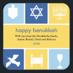 Autocolante de ícones de Hanukkah<br><div class="desc">Este adesivo usa os ícones de Chanucá para transmitir desejos calorosos. As cores azul brilhante e dourada rodeiam ícones de um sonho, menorah e xícara de rins, entre outros, para enquadrar sua mensagem. Excelente como selos de envelopes ou para colar em embalagens ou presentes de férias. Disponível em cores alternativas...</div>