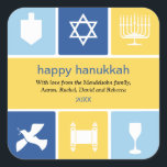Autocolante de ícones de Hanukkah<br><div class="desc">Este adesivo usa os ícones de Chanucá para transmitir desejos calorosos. As cores azul brilhante e dourada rodeiam ícones de um sonho, menorah e xícara de rins, entre outros, para enquadrar sua mensagem. Excelente como selos de envelopes ou para colar em embalagens ou presentes de férias. Disponível em cores alternativas...</div>