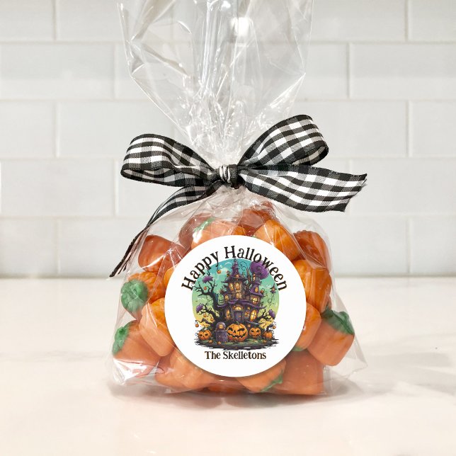 Autocolante Personalizado - Casa Assombrada (Personalized Family Halloween Candy Bag Sticker)