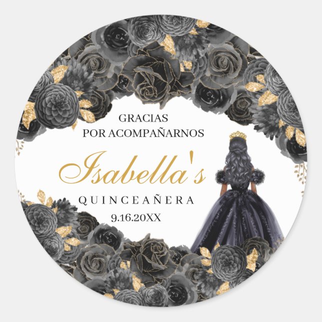 Autocolantes de Quinceanera, Floral, Pretos e Dour (Frente)