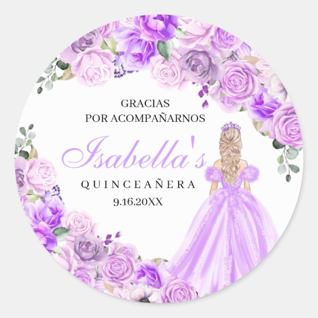 Autocolantes de Quinceanera, Floral, Roxo (Frente)
