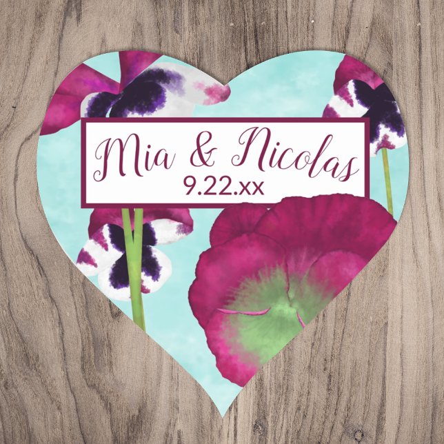 Autocolantes turcos e rosa personalizados (turquoise blue cyan magenta berry pink pansy heart-shaped wedding monogram sticker couples names)