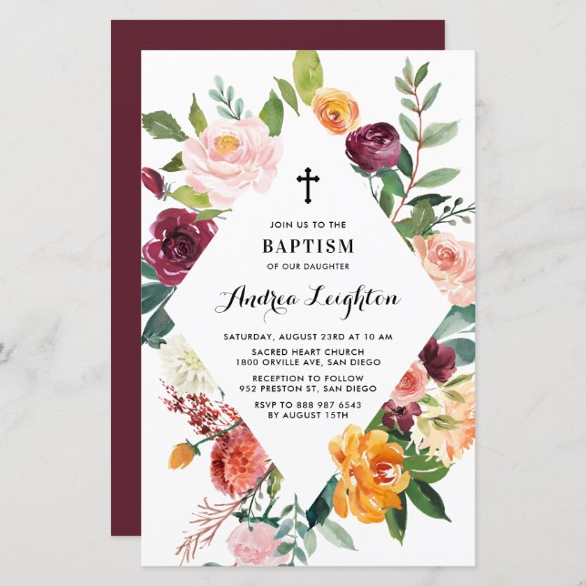 Autumn Blooms Floral Frame Baptism Convite (Frente/Verso)