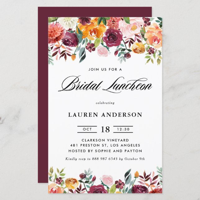 Autumn Blooms Garland Bridal Luncheon Convite (Frente/Verso)
