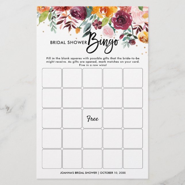 Autumn Burgundy Blush Floral Chá de panela Bingo (Frente)