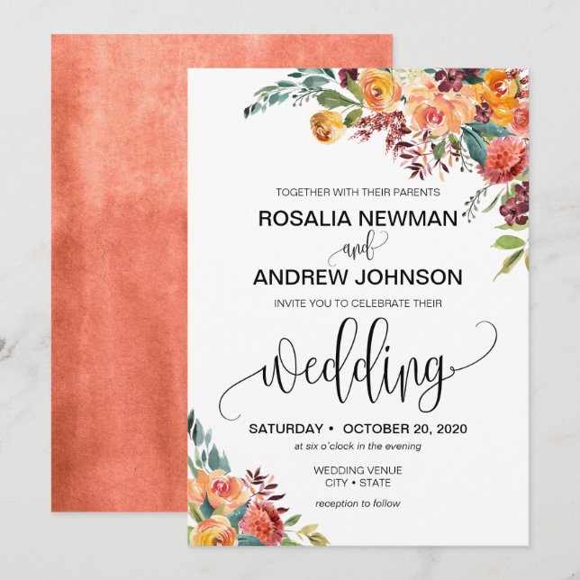 Autumn Burgundy Orange Floral Wedation Convite (Frente/Verso)