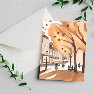 Autumn City Park | Fall Foliage Watercolor Card