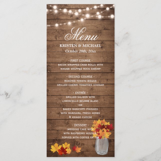 Autumn Deixa Mason Jar String Lights Menu Casament (Frente)