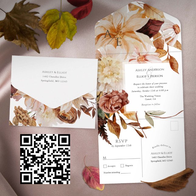 Autumn Elegance, Casamento outono (All-in-one Fall wedding invitation with postcard rsvp, Seal and send Floral Autumn wedding invites.
)