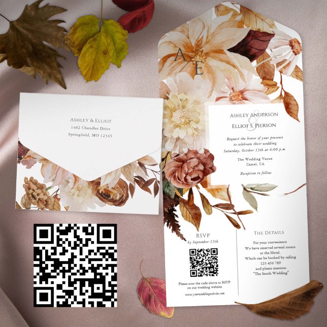 Autumn Elegance, convite para casamentos outono co (Fall wedding invitation with QR code rsvp and details card. All-in-one Autumn wedding invites)