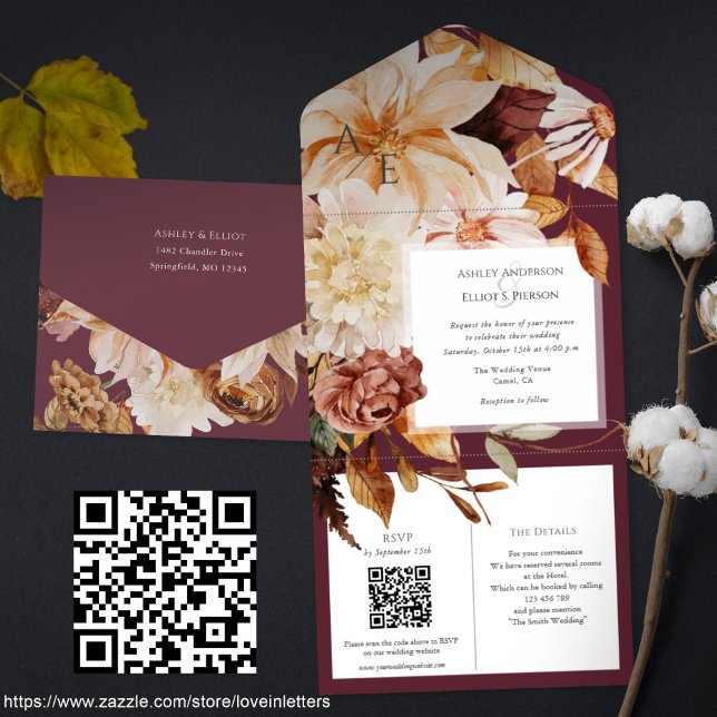 Autumn Elegance, convite para casamentos outono co (Maroon fall wedding invitation with QR code rsvp and details cards. Watercolor Floral autumn wedding)