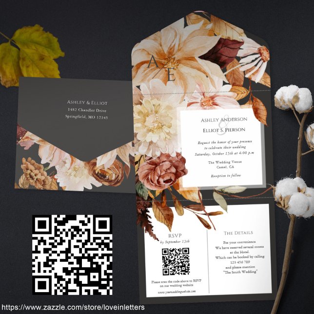 Autumn Elegance, convite para casamentos outono co (All-in-one Fall wedding invitation with QR code rsvp and details card. Autumn wedding invitations)