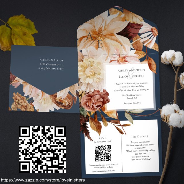 Autumn Elegance, convite para casamentos outono co (Navy blue fall wedding invitation, Qr code rsvp, details cards. All-in-one Autumn floral invitations)