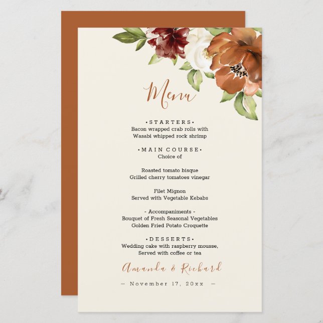 Autumn Floral Dark Orange Weding Menu (Frente/Verso)