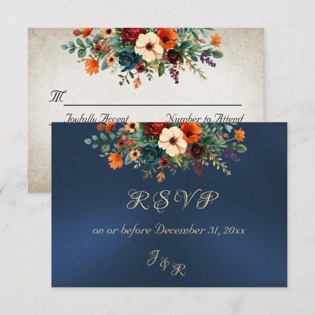 Autumn Floral & Wreath RSVP - Blue (Frente/Verso)