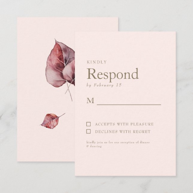 Autumn Foliage Blush Texto Dourado Simples RSVP (Frente/Verso)