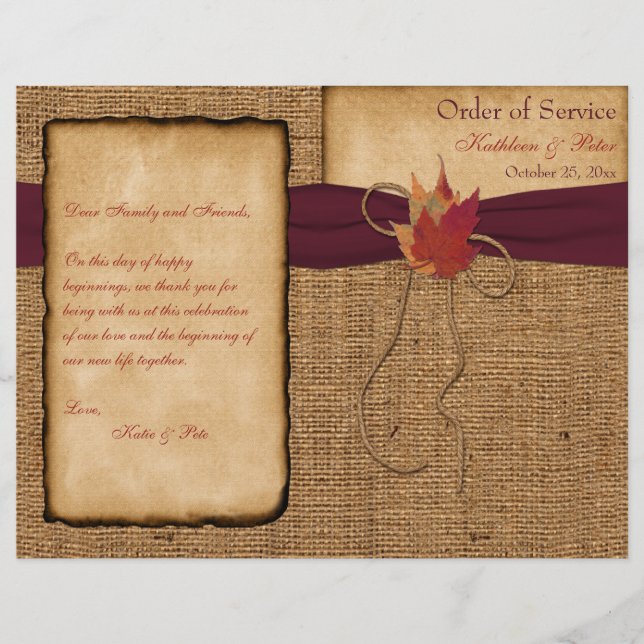Autumn Leaves, FAUX Burlap WedProgramme - Vinho (Frente)