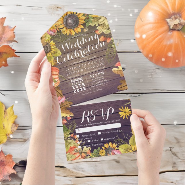 Autumn Maple Leaf Pumpkin Rustic Wood Weding RSVP (Criador carregado)