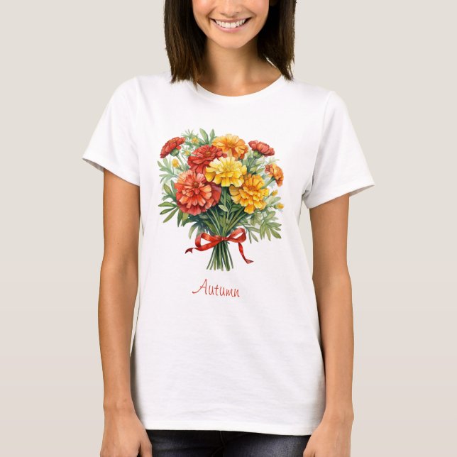 Autumn Marigold Buquê Red Ribbon T-Shirt (Frente)