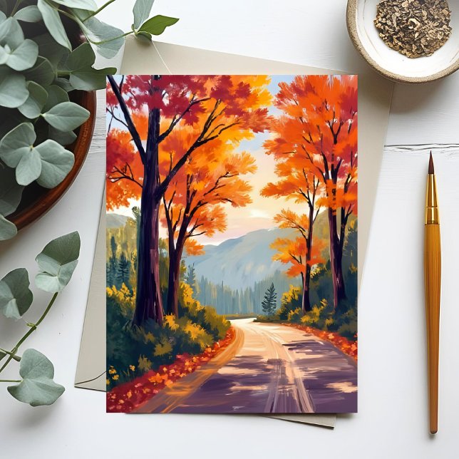 Autumn Road | Watercolor Fall Foliage Leaves Card (Criador carregado)