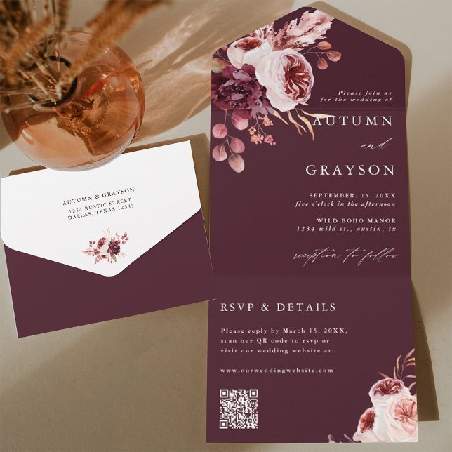 Autumn Romance Burgundy Floral Wedding Código QR (Inside & Back)