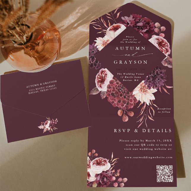 Autumn Romance Burgundy Floral Wedding Código QR (Inside & Back)