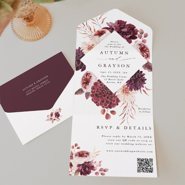 Autumn Romance Watercolor Floral Wedding Código QR (Inside & Back)