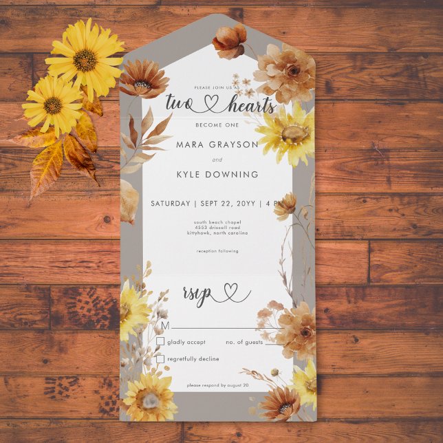 Autumn Sunflower Taupe & White Sem Janto (Rustic Autumn Sunflower Taupe & White No Dinner All In One Invitation)