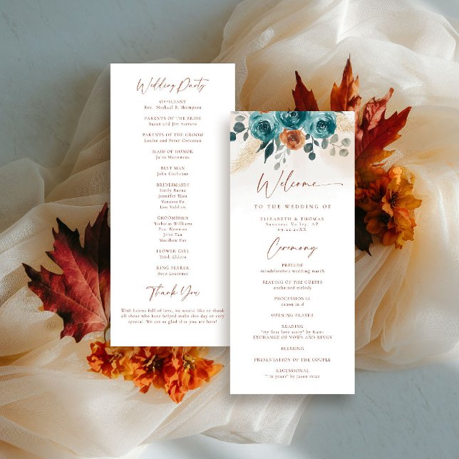 Autumn Teal Burnt Orange Chic Program (fall wedding program teal burnt orange terracotta watercolor floral botanical earthy)