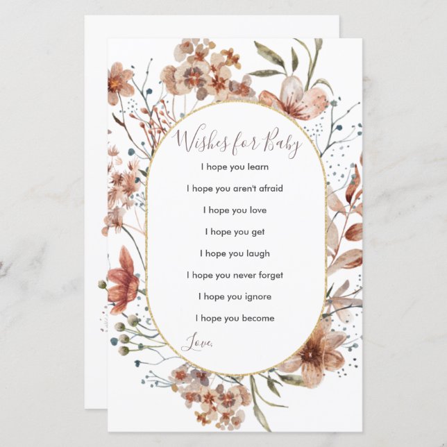 Autumn Wilflower Watercolor Desejos para Bebê (Frente/Verso)