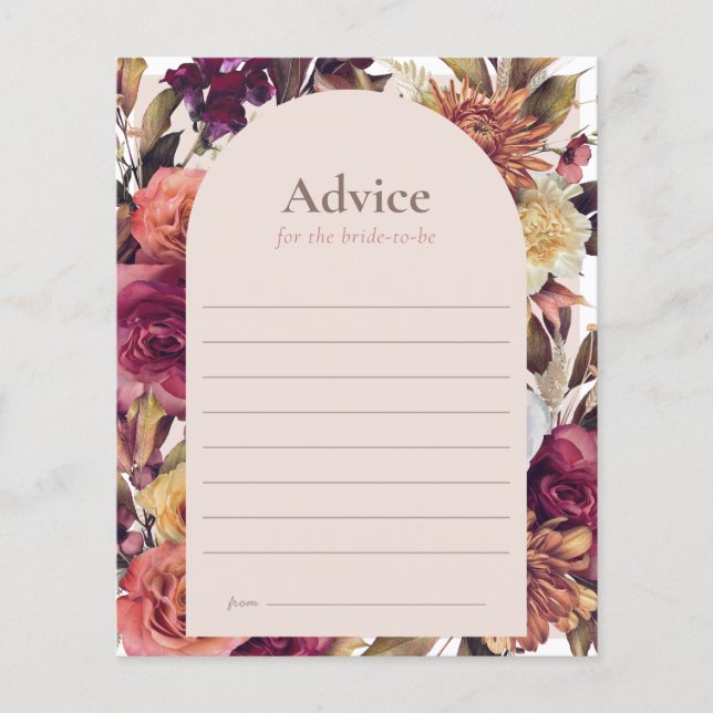 Autumn Wreath Arch Pink Bridal Shower Advice Card (Frente)