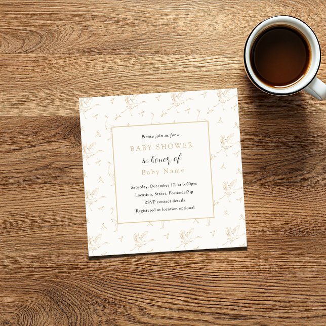 Ave, convite para chá de fraldas de unisex de cego (Baby shower square invitation card with vintage style border of storks and gold frame)