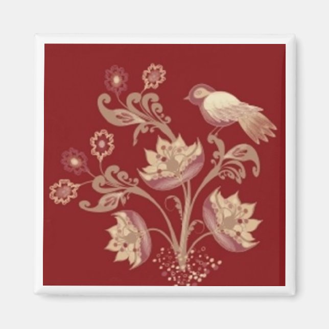 Ave e flores em íman quadrado vermelho (Frente)