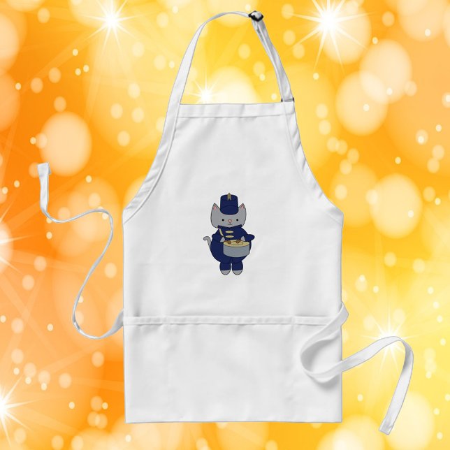 Avental Bateria de Marcha Naval Azul Dourado Gato (An apron with a snare drum playing cat in a navy blue and gold marching band uniform.)