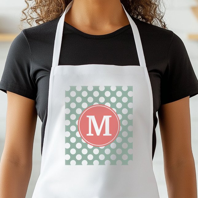 Avental Bolinhas mint e coral com monograma personalizado (Personalized Kitchen Apron)