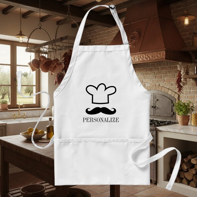 Avental Churrasco preto engraçado para bigode (Kitchen apron with chef's hat and mustache)