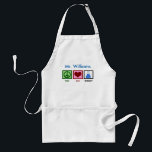 Avental Ciência feita sob encomenda do professor da<br><div class="desc">Se você é um cientista ou precisa um presente geeky para o nerd em seus vida,  características deste design personalizadas bonitos um sinal de paz,  coração,  e produtos químicos em uma taça em um avental personalizado para experiências da ciência.</div>
