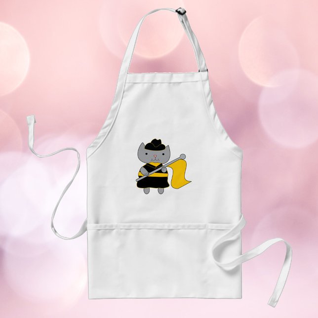 Avental Color Guard Cat Black and Yellow Gold (An apron featuring a cute gray cat wearing a black & yellow color guard uniform.)