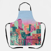 Avental com Silhueta da Cidade em Fuchsia e Verde-