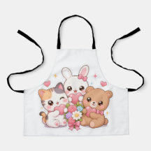 Avental de Cozinha Kawaii Animal Friends Hearts&Fl